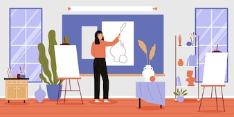 art school lesson modern classroom interior with female teacher drawing paper canvas board flat vector illustration 1284 79461
